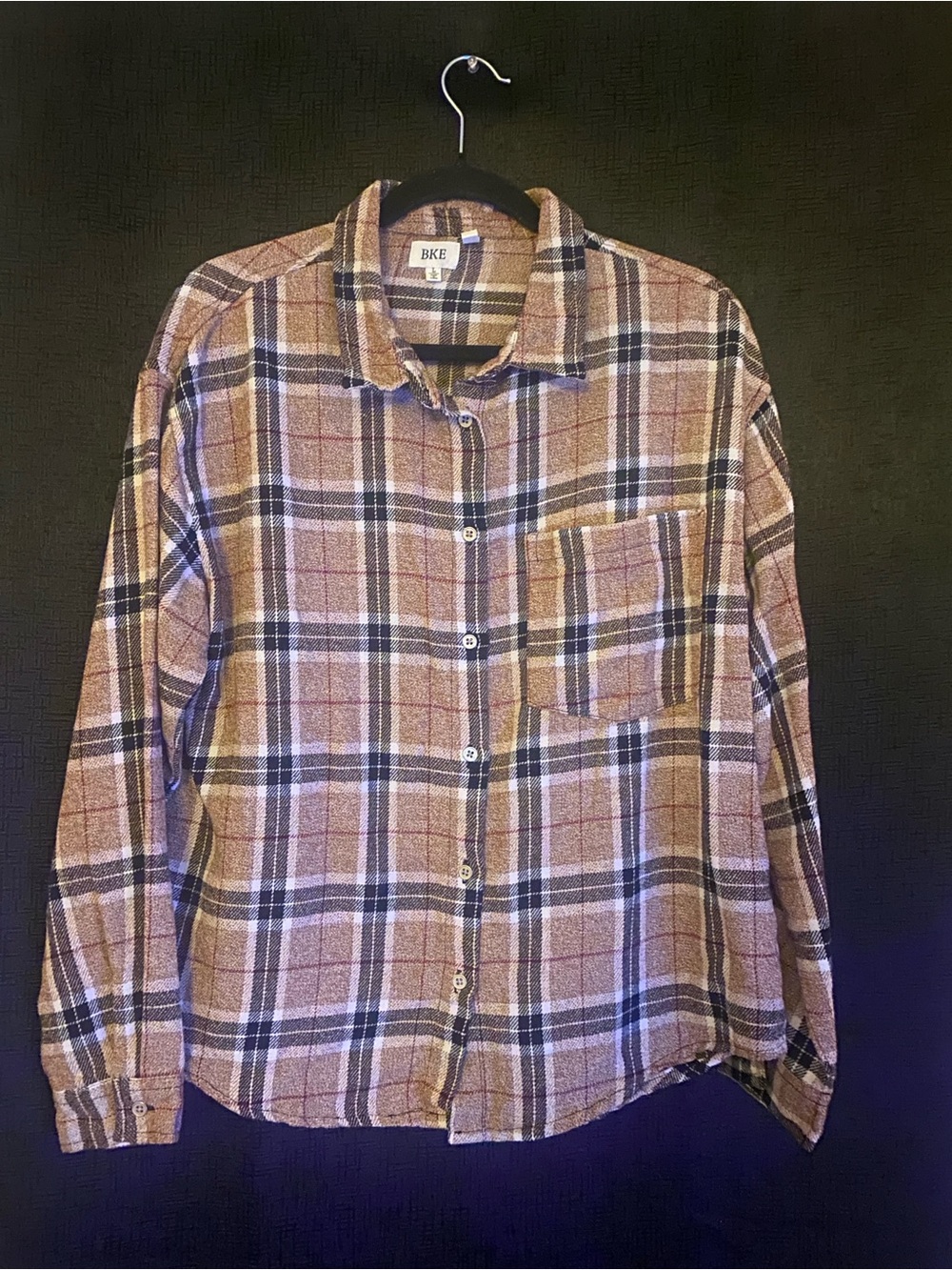 BKE - Tan and Black Plaid Button-Up Shirt size large